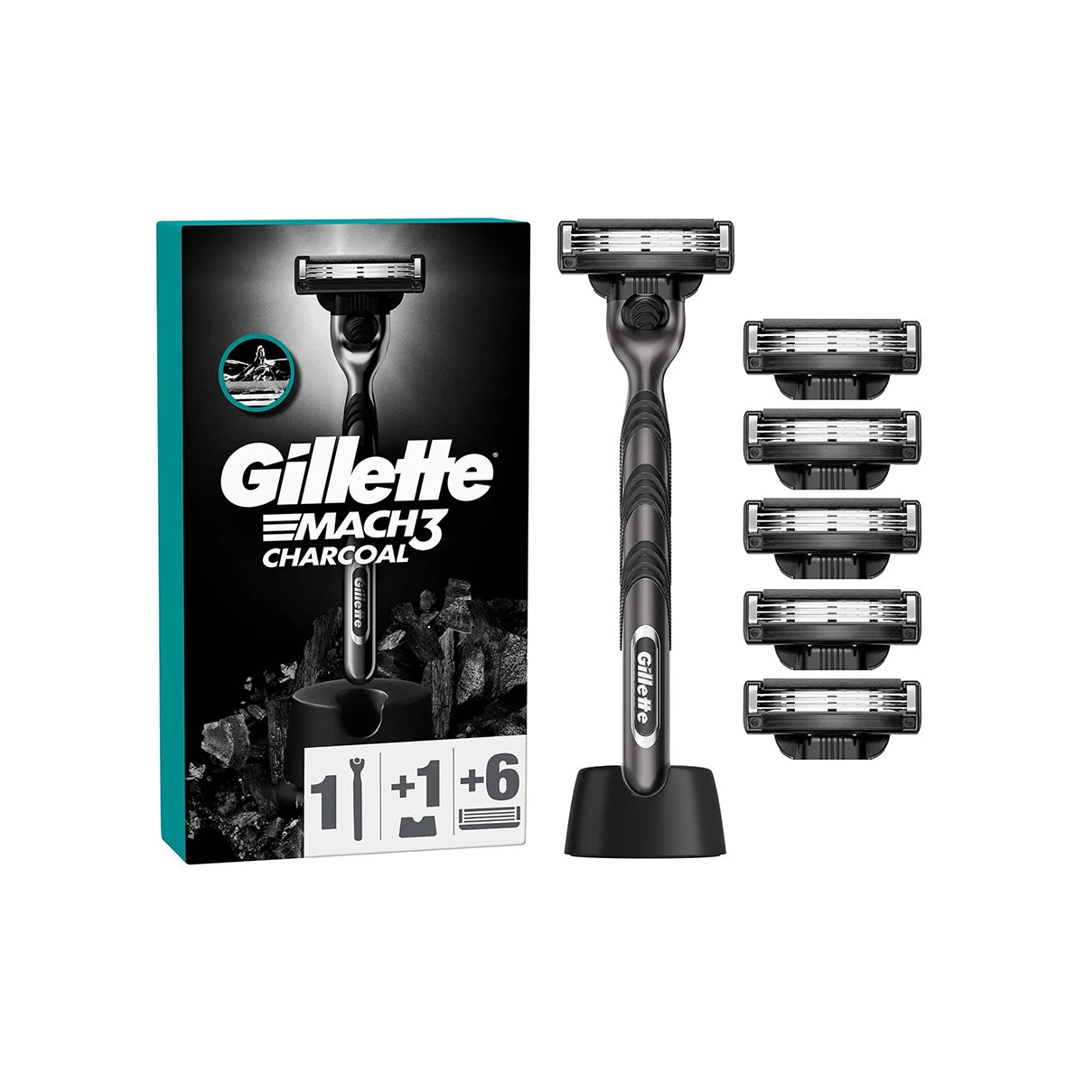 TIRAS MAKINESI MACH3 CHARCOAL 6'LI YEDEK BASLIK + STAND
