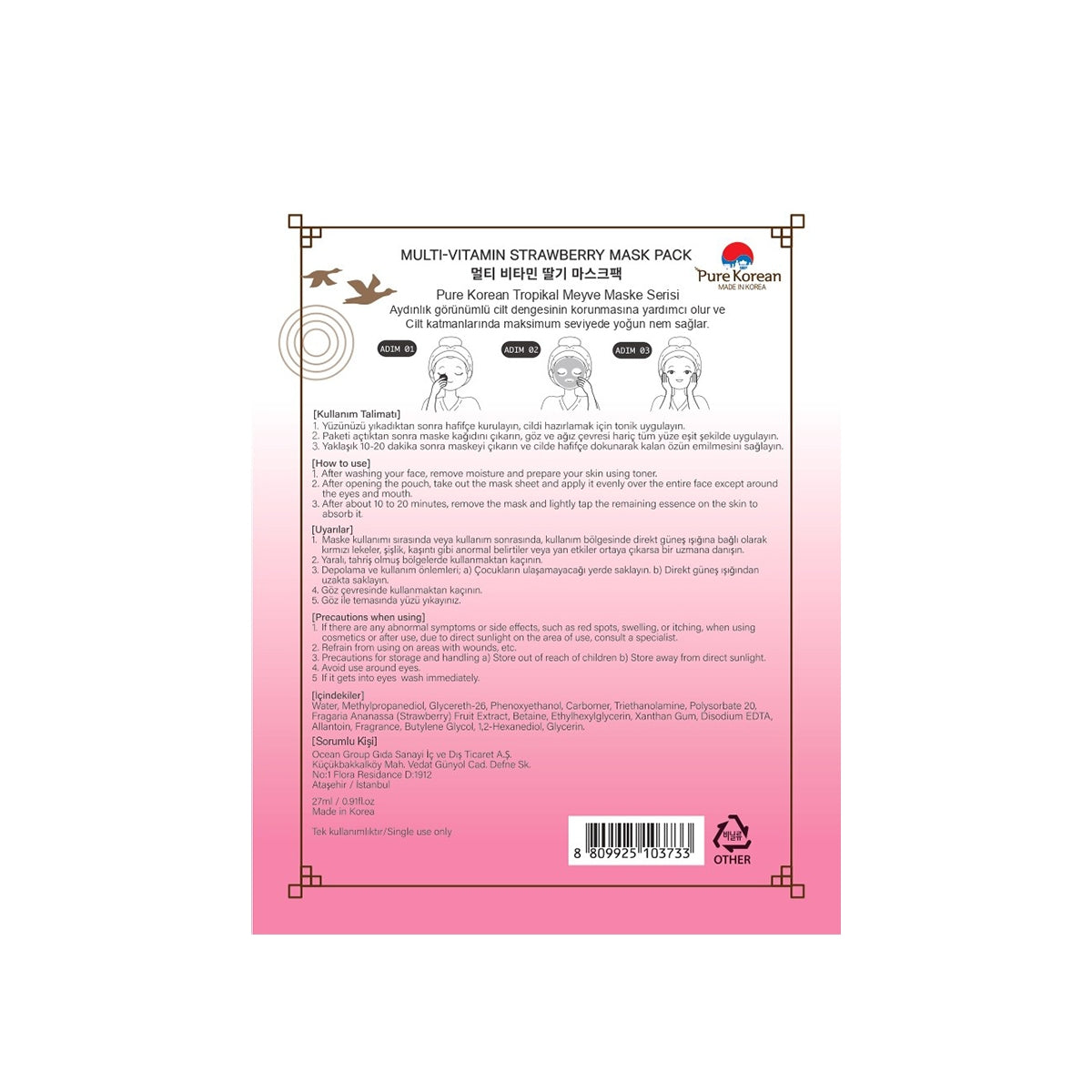 Multi Vitamin Strawberry Kağıt Yüz Maskesi 27 ml
