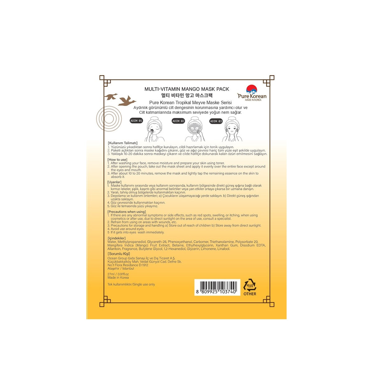 Multi Vitamin Mango Kağıt Yüz Maskesi 27 ml