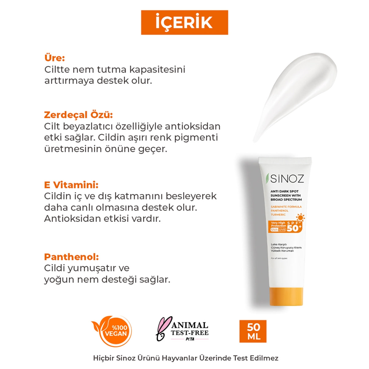 Sinoz Leke Karşıtı SPF50+ Güneş Kremi - Normal ve Kuru Ciltlere 50 ml