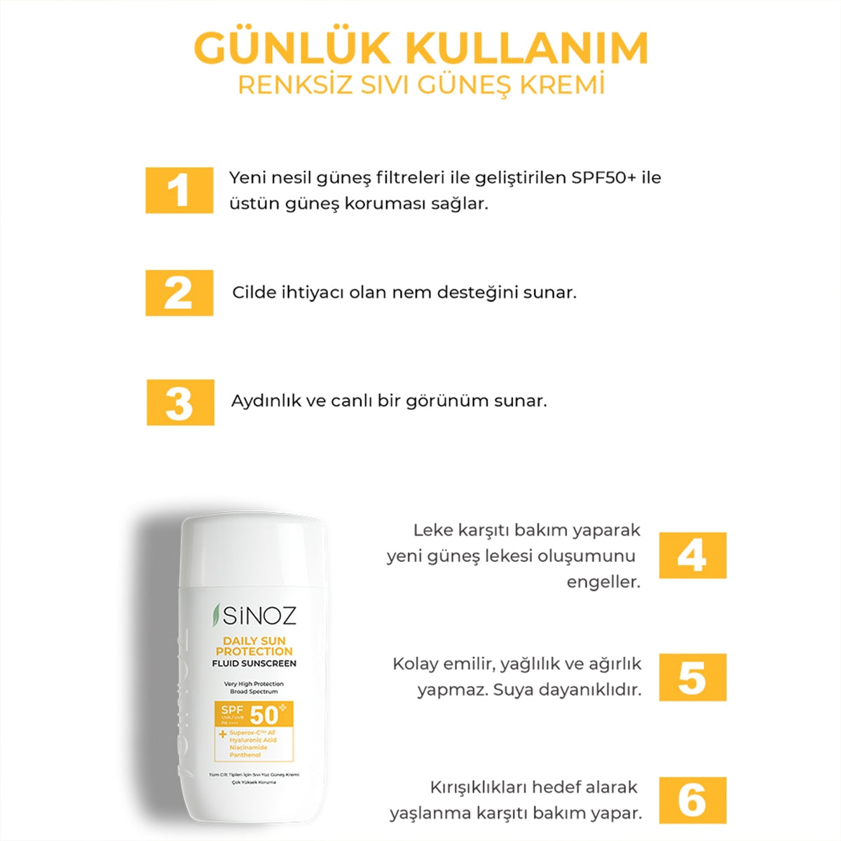 Günlük Kullanım Spf50+ Renksiz Sıvı Güneş Kremi 50 ml