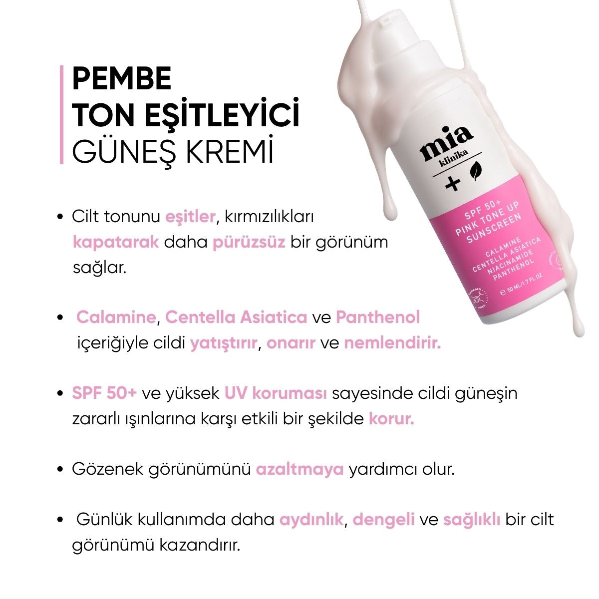 50+ SPF Pink Tone Up Ton Eşitleyici Pembe Yüz Güneş Kremi 50 ml
