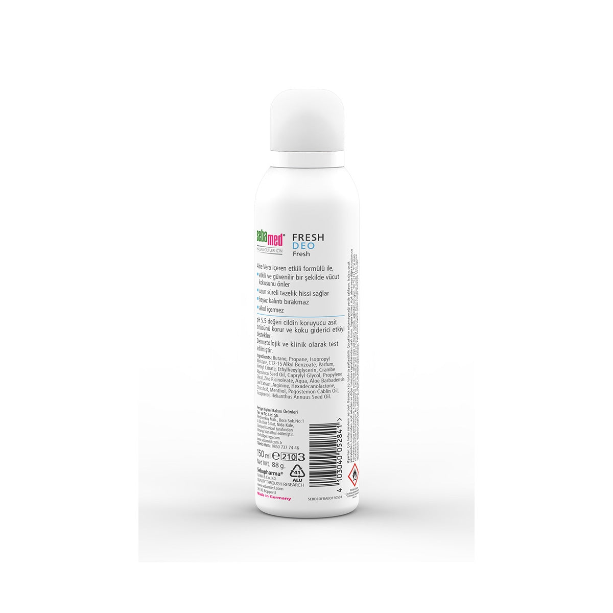 "Hassas Ciltlere Özel 24 Saat Etkili Kadın Erkek Fresh Deodorant Aerosol 150ml. Alüminyum tuzu içermez. %0 alkol içeriğiyle hassas ciltler için nazik bakım sunar. 24 saat boyunca etkili koruma sağlar. Kötü vücut kokularını etkili ve güvenilir şekilde önle