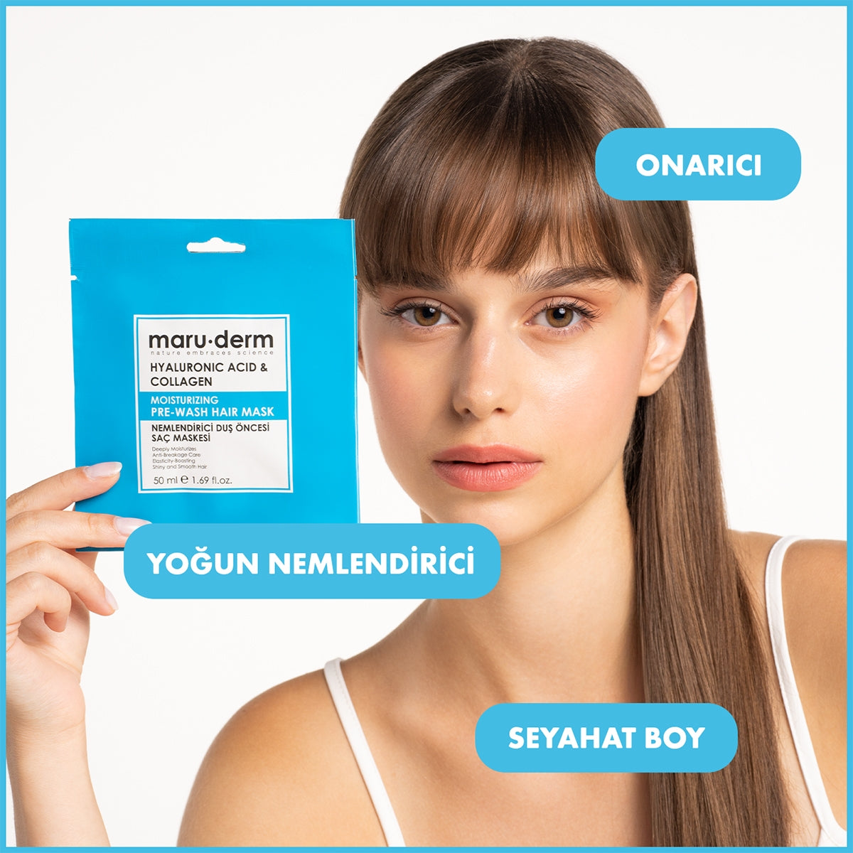 "Maruderm Hyalüronik Asit & Kolajen Saç Maskesi, saç tellerinin yoğun şekilde nemlenmesine yardımcı olmak ve saçın daha dolgun görünmesini desteklemek için geliştirilmiş duş öncesi bakım maskesidir. Formülünde bulunan Hyalüronik Asit (Sodium Hyaluronate),
