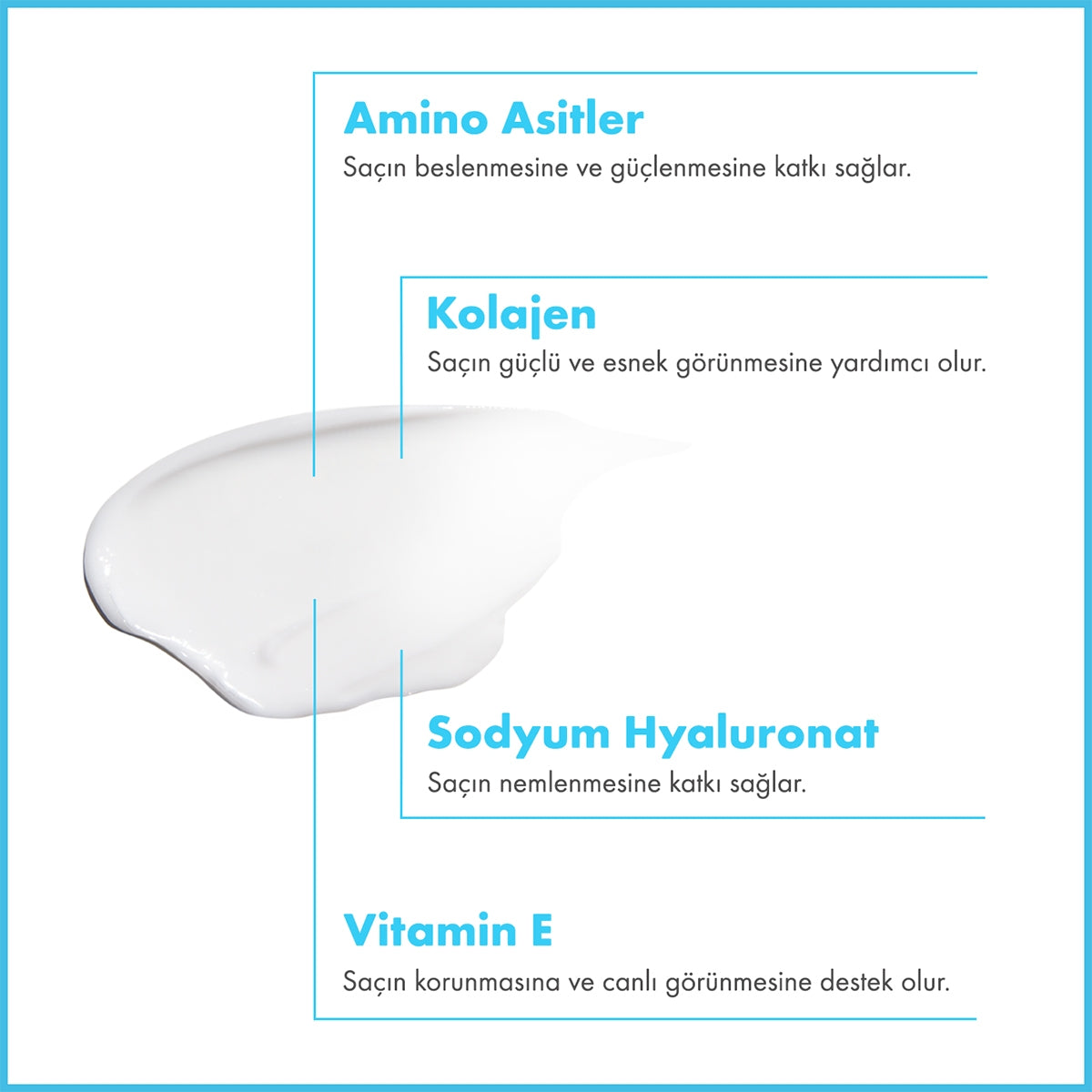 "Maruderm Hyalüronik Asit & Kolajen Saç Maskesi, saç tellerinin yoğun şekilde nemlenmesine yardımcı olmak ve saçın daha dolgun görünmesini desteklemek için geliştirilmiş duş öncesi bakım maskesidir. Formülünde bulunan Hyalüronik Asit (Sodium Hyaluronate),