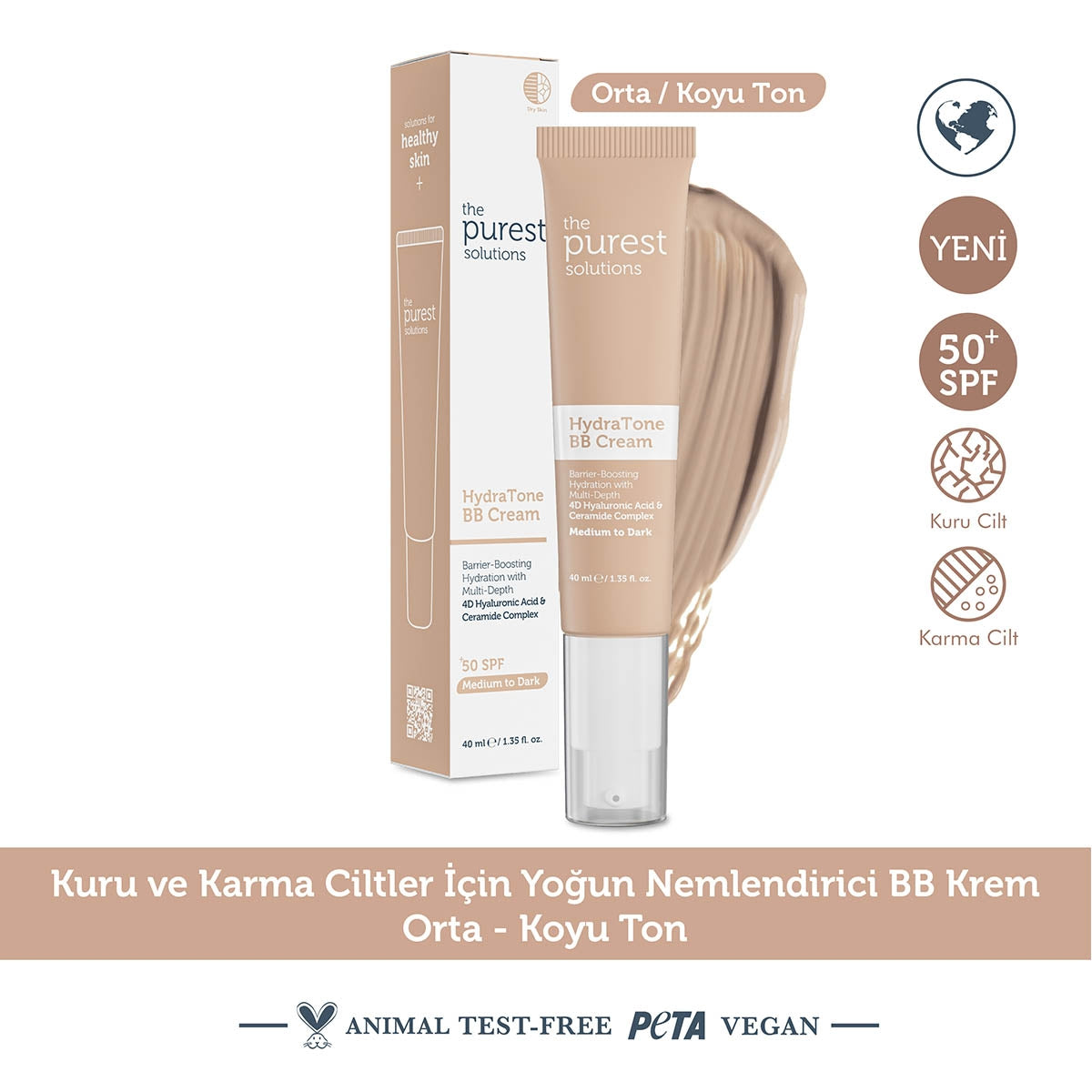 Kuru ve Karma Ciltler İçin Yoğun Nemlendirici BB Krem 50+SPF 40 ml
(Orta-Koyu Ton)