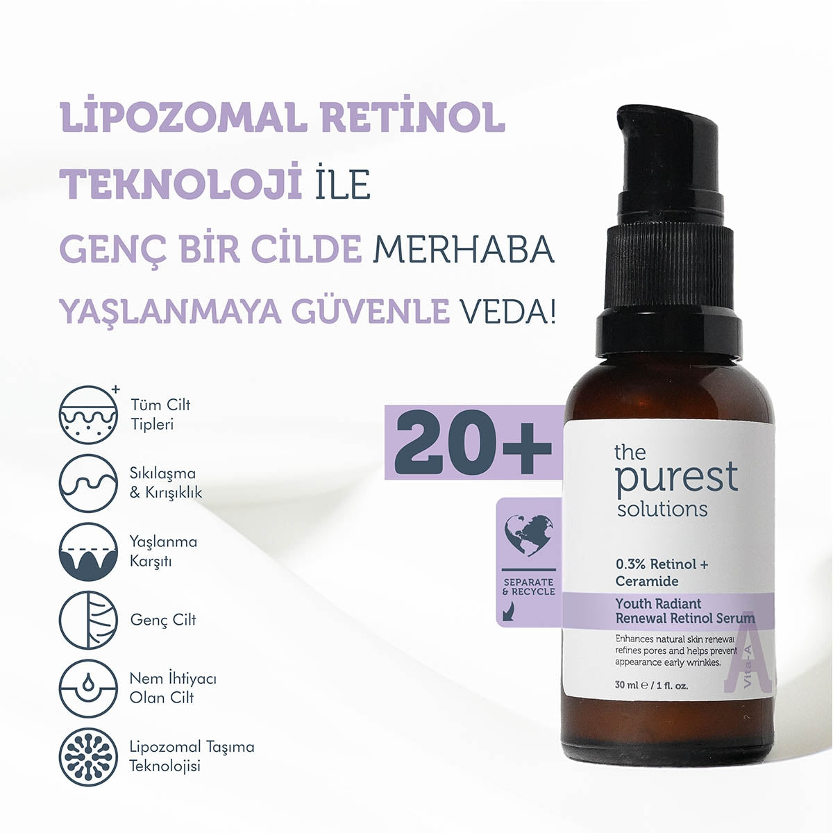 Yenileyici ve Yaşlanma Karşıtı 20+ Lipozomal Retinol Gece Serumu 30 ml